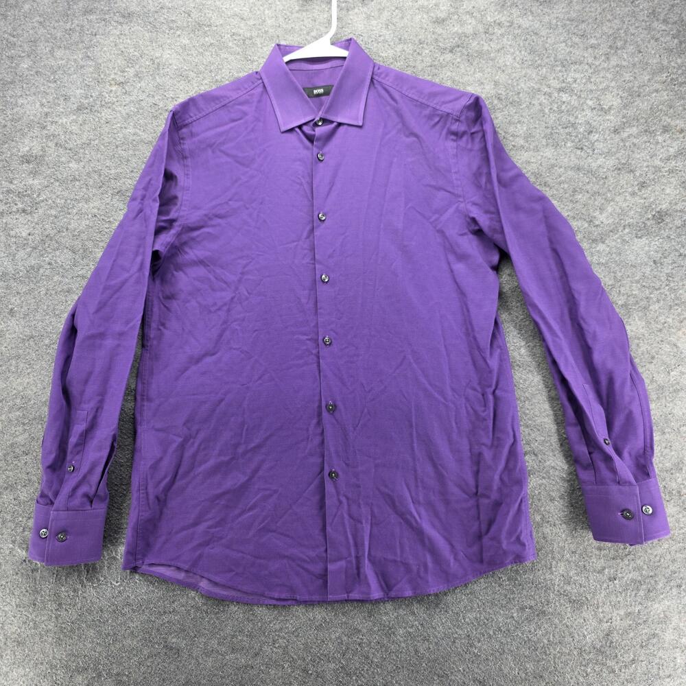 HUGO BOSS Dress Shirt Mens 16 Purple Regular Fit Spread Collar Long Sleeve